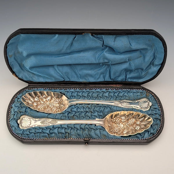 19 世紀末英國古董鍍銀漿果勺一對 Walker&Hall 盒